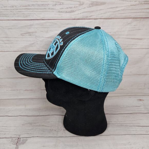 Ariat Snapback Mesh Trucker Hat Mens Womens Cap Black Turquoise Adjustable - Picture 2 of 6